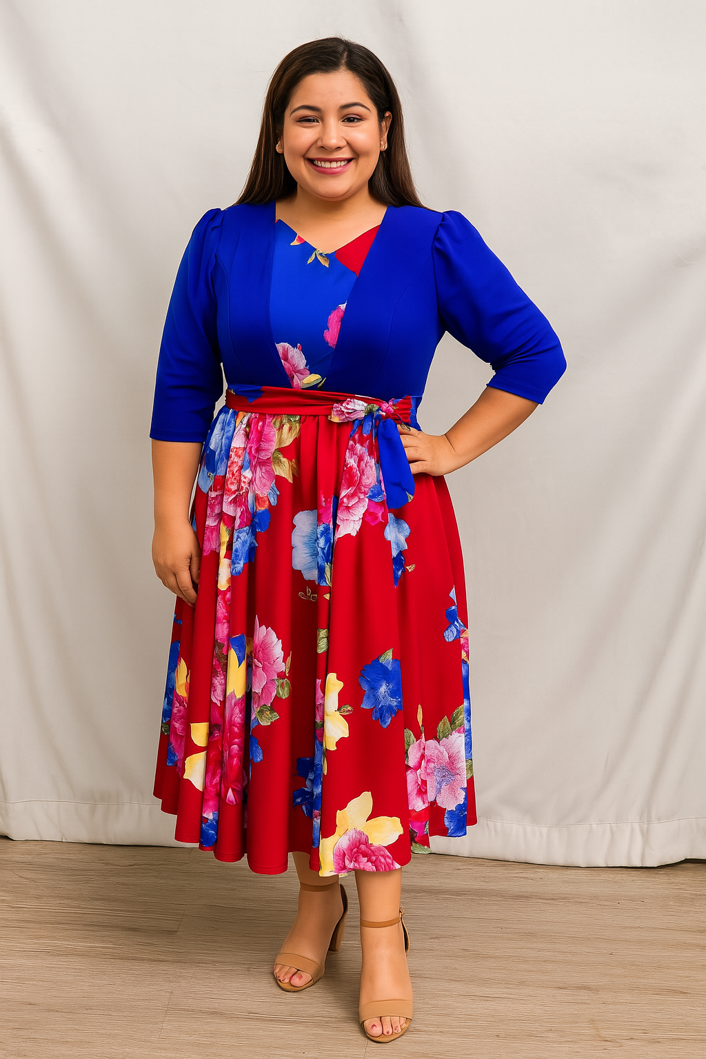 Vestido con Chaleco - Azul y Rojo