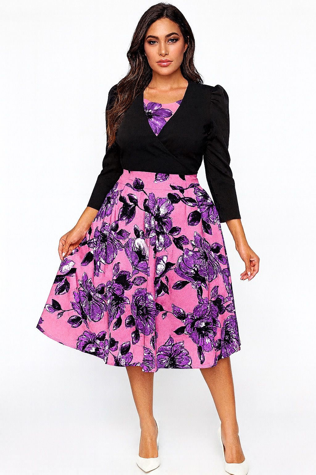 Floral Dress with black Cardigan