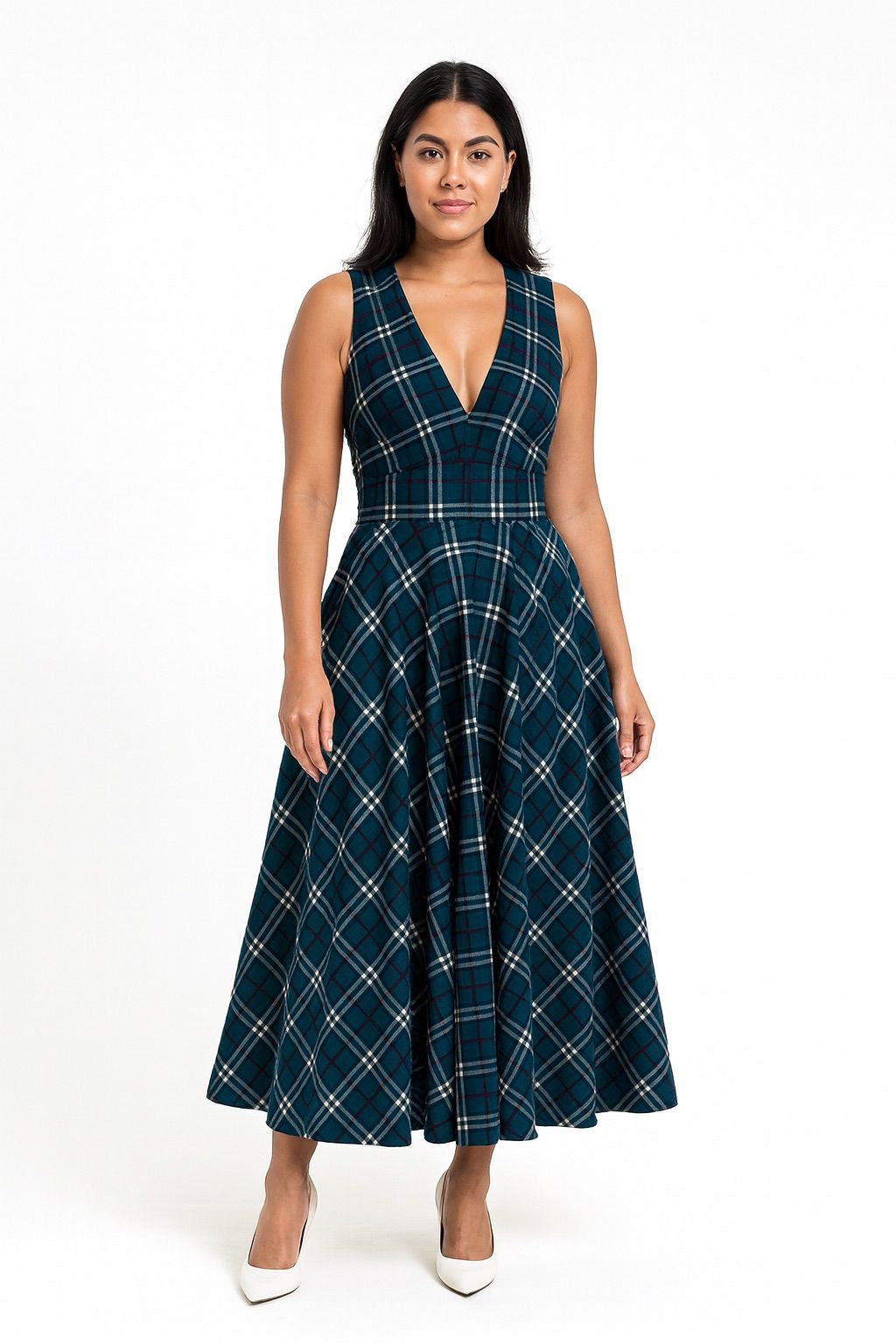 Sleeveless Plaid V Neck Dress