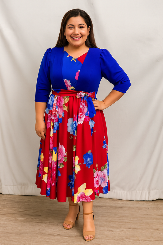 Vestido con Chaleco - Azul y Rojo