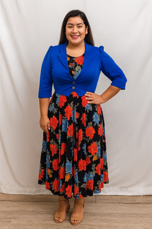 Vestido con Chaleco - Azul con Rosas