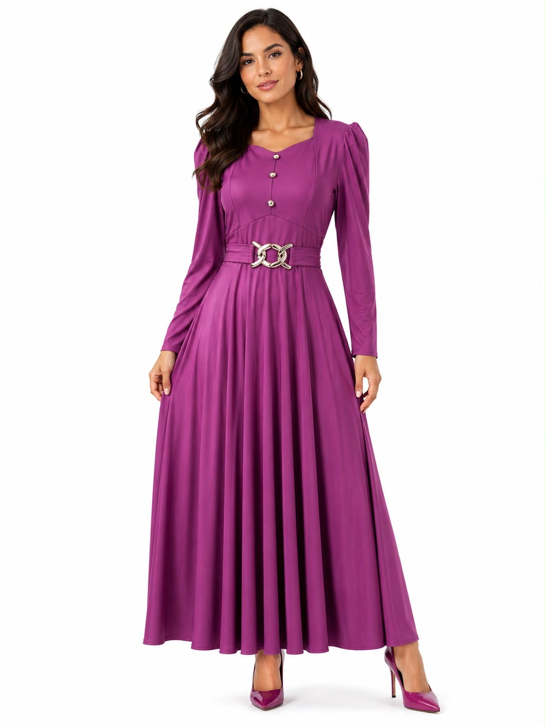 Vestido Maxi Manga Larga con Botones y Cinturón Hebilla – Paquete Mayoreo (4 piezas)