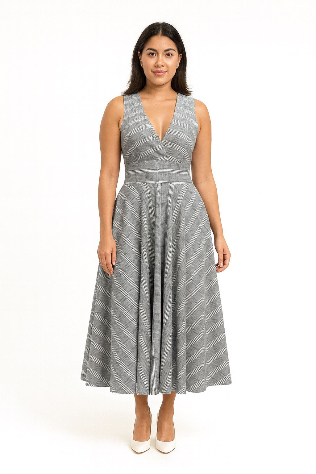 Sleeveless Plaid V Neck Dress