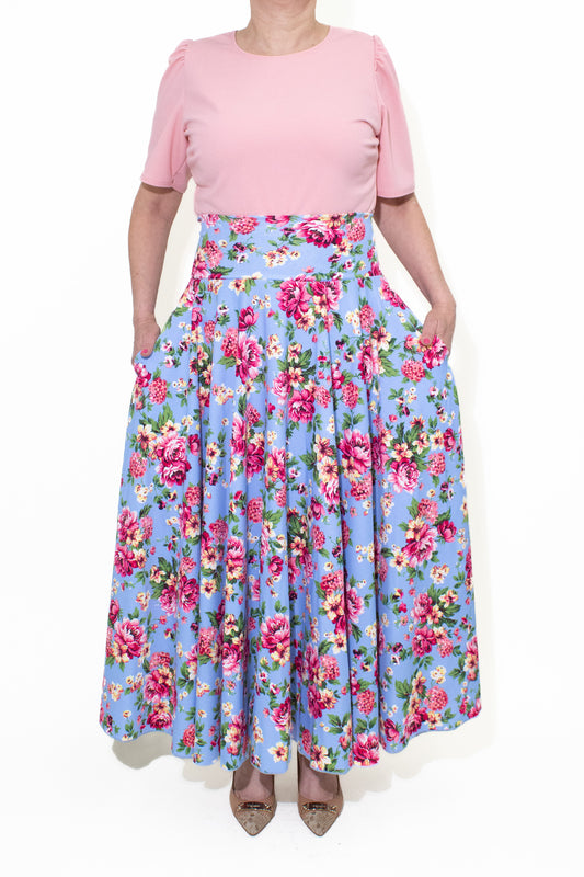 FALDA DISCO COMPLETA AZUL CON FLORES