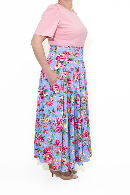 FALDA DISCO COMPLETA AZUL CON FLORES